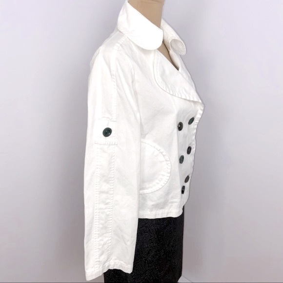 Double Breasted Eclectic Buttons White Cropped Canvas Pea Coat Jacket Si… - Picture 6 of 12